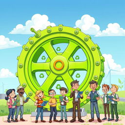 A colorful cartoon scene featuring an industrial wheel, designed with a vibrant green color to symbolize a futuristic revolution in industry