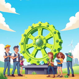 A colorful cartoon scene featuring an industrial wheel, designed with a vibrant green color to symbolize a futuristic revolution in industry