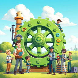 A colorful cartoon scene featuring an industrial wheel, designed with a vibrant green color to symbolize a futuristic revolution in industry