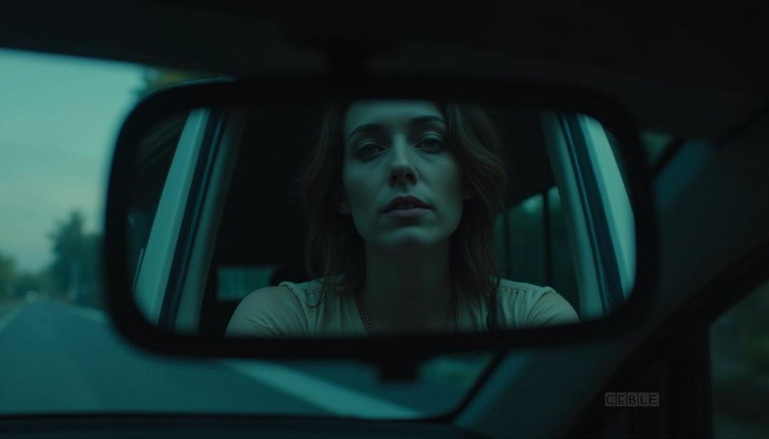 A haunting scene featuring a close-up of a rearview mirror reflecting a woman with a pale, ghostly face sitting in the back of an ambulance