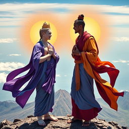 Avalokiteshvara, portrayed as a fair-skinned Scandinavian young, lithe man, meets Manjushri, depicted as a young, slim Turkish man with olive skin, atop the majestic Kilimanjaro