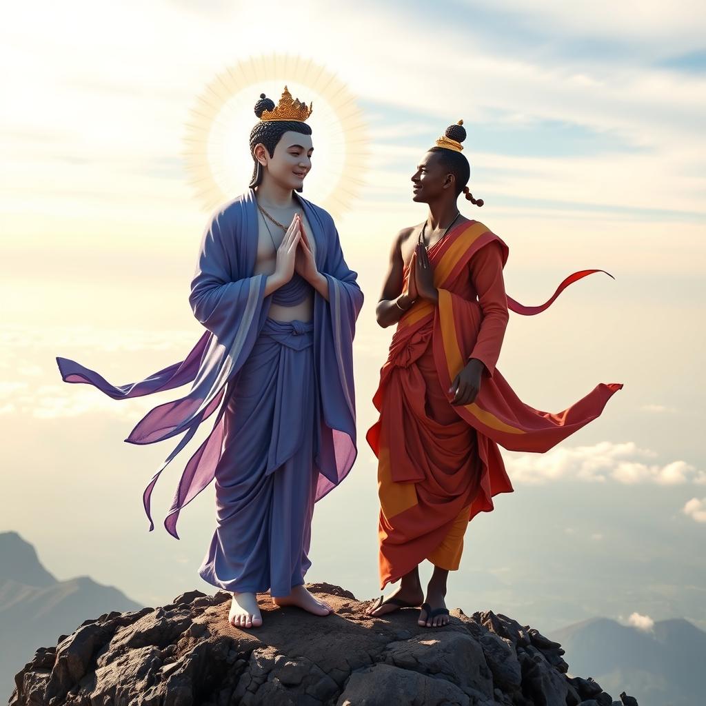 Avalokiteshvara, portrayed as a fair-skinned Scandinavian young, lithe man, meets Manjushri, depicted as a young, slim Turkish man with olive skin, atop the majestic Kilimanjaro