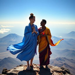Avalokiteshvara, portrayed as a fair-skinned Scandinavian young, lithe man, meets Manjushri, depicted as a young, slim Turkish man with olive skin, atop the majestic Kilimanjaro