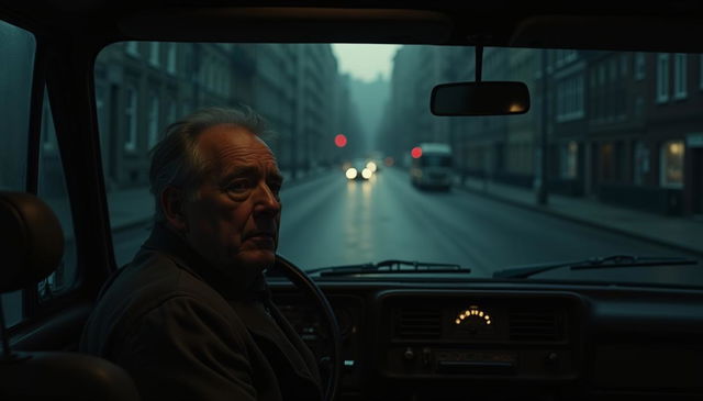 A weary ambulance driver in his late 30s is seated inside an old, dimly lit ambulance, captured in a moment of exhaustion