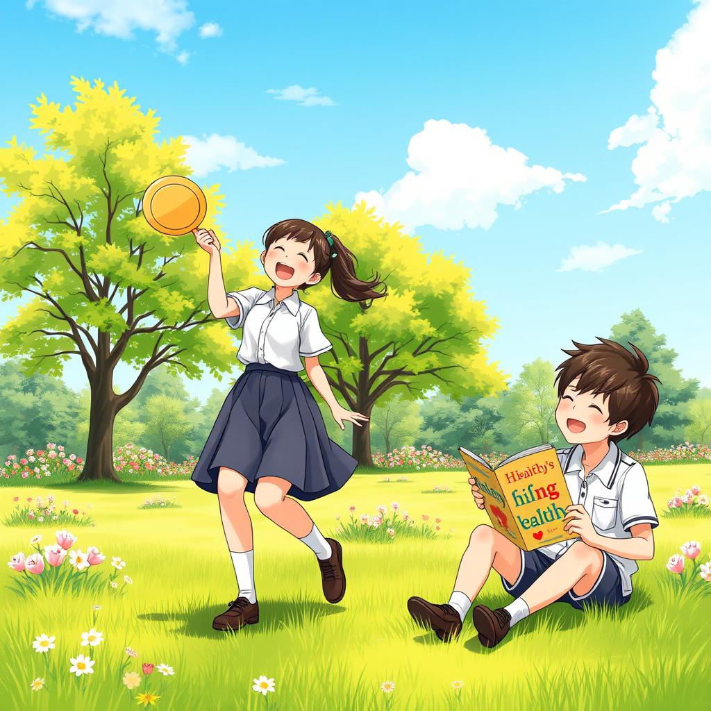 An illustration depicting two school children promoting physical health, dressed in modest school uniforms, enjoying a sunny day in a vibrant park