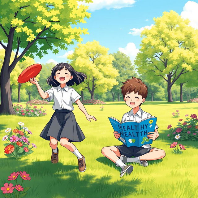 An illustration depicting two school children promoting physical health, dressed in modest school uniforms, enjoying a sunny day in a vibrant park