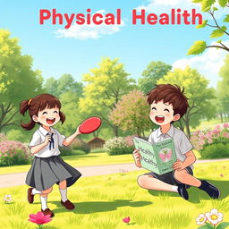An illustration depicting two school children promoting physical health, dressed in modest school uniforms, enjoying a sunny day in a vibrant park