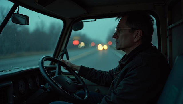 A weary male ambulance driver in his late 30s sitting inside an old, dimly lit ambulance