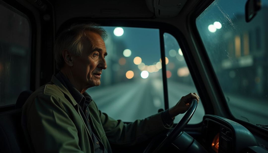 A weary ambulance driver in his late 30s sits inside an old, dimly lit ambulance