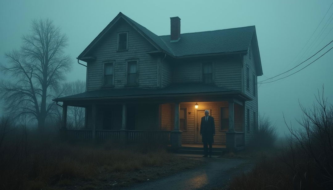 A decrepit, old house with boarded windows and heavy, thick curtains looms in an isolated, foggy street