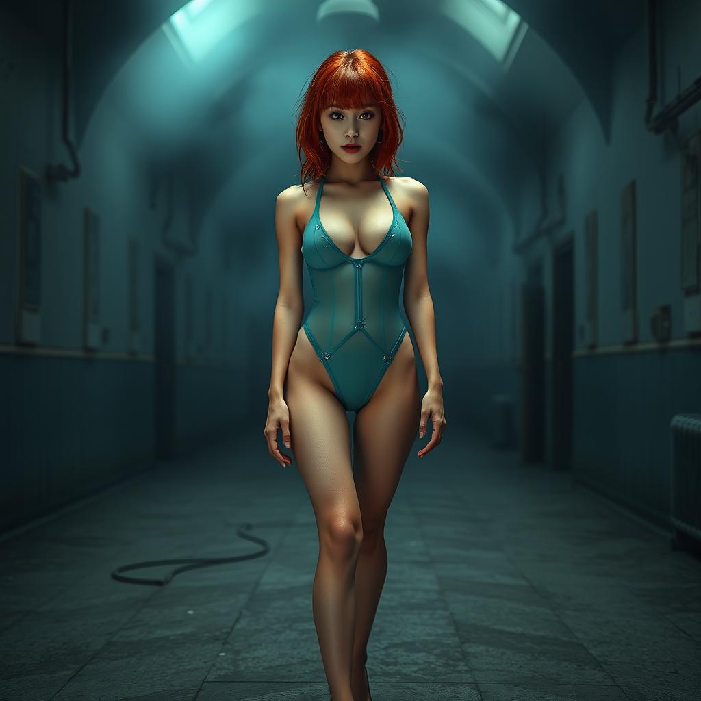 A full body view of a thin Korean girl with striking red hair, showcasing her pierced breasts, dressed in a tight teal transparent latex thong leotard that clings to her figure, paired with high heel shoes