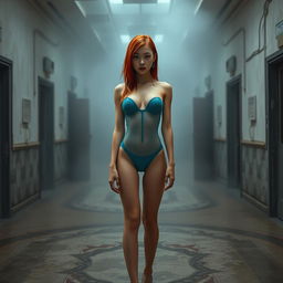 A full body view of a thin Korean girl with striking red hair, showcasing her pierced breasts, dressed in a tight teal transparent latex thong leotard that clings to her figure, paired with high heel shoes