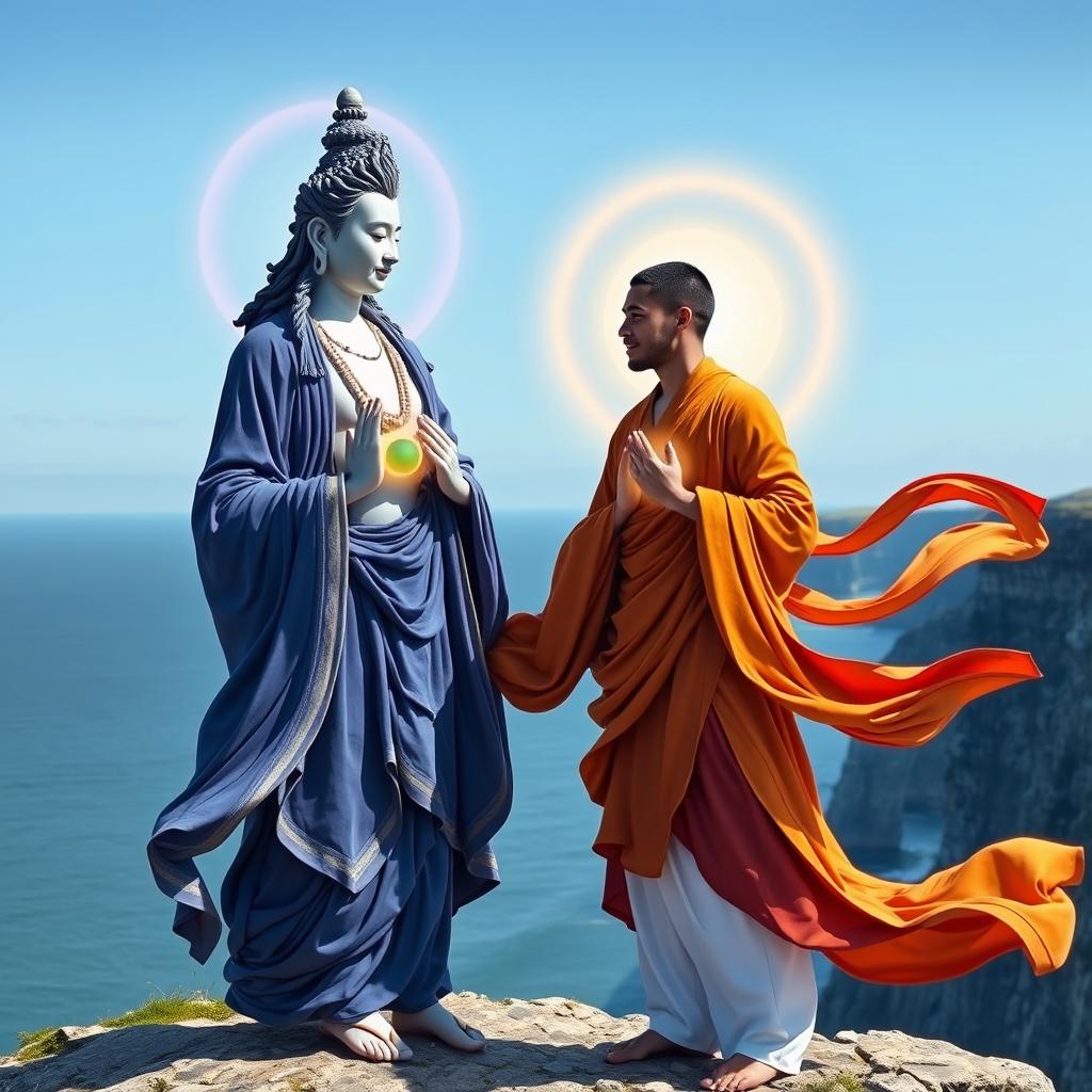 Avalokiteshvara, depicted as a handsome fair-skinned Scandinavian young man with a lithe build, meets Manjushri, portrayed as a young, slim Italian man with olive skin and a chiseled face, atop the breathtaking cliffs of Dover