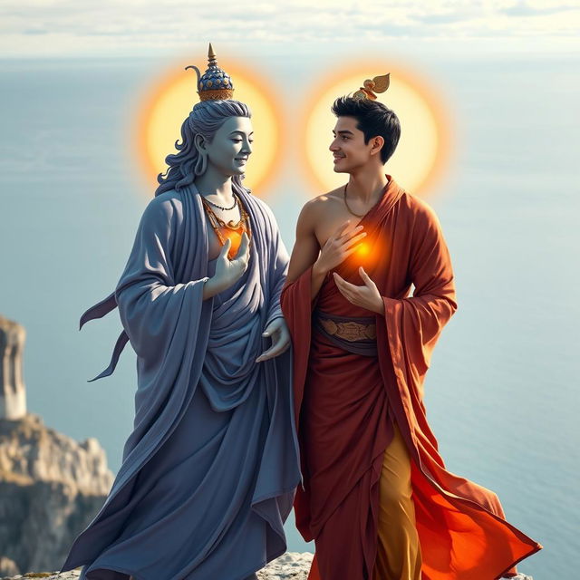 Avalokiteshvara, depicted as a handsome fair-skinned Scandinavian young man with a lithe build, meets Manjushri, portrayed as a young, slim Italian man with olive skin and a chiseled face, atop the breathtaking cliffs of Dover