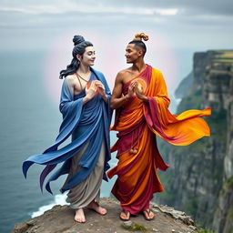 Avalokiteshvara, depicted as a handsome fair-skinned Scandinavian young man with a lithe build, meets Manjushri, portrayed as a young, slim Italian man with olive skin and a chiseled face, atop the breathtaking cliffs of Dover