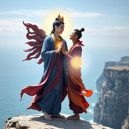Avalokiteshvara, depicted as a handsome fair-skinned Scandinavian young man with a lithe build, meets Manjushri, portrayed as a young, slim Italian man with olive skin and a chiseled face, atop the breathtaking cliffs of Dover