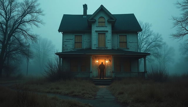 A decrepit, old house with boarded windows and heavy, tattered curtains, sitting eerily in an isolated, foggy street