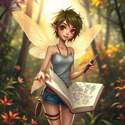 A slender tomboy fairy with delicate hummingbird wings, her attire is a mix of rugged and whimsical, featuring elements like denim shorts and a short, fitted top