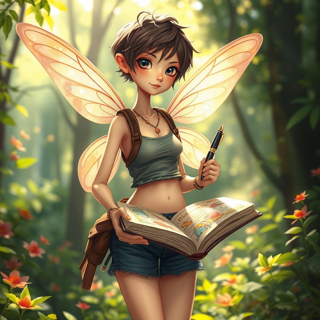 A slender tomboy fairy with delicate hummingbird wings, her attire is a mix of rugged and whimsical, featuring elements like denim shorts and a short, fitted top