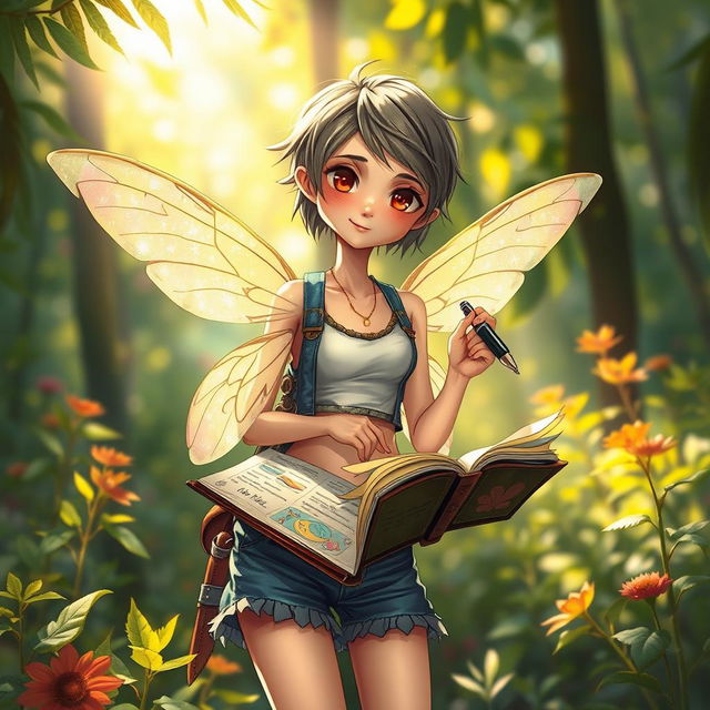 A slender tomboy fairy with delicate hummingbird wings, her attire is a mix of rugged and whimsical, featuring elements like denim shorts and a short, fitted top