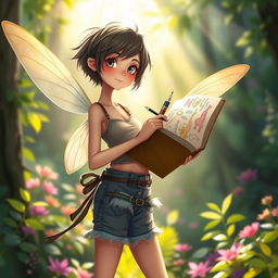 A slender tomboy fairy with delicate hummingbird wings, her attire is a mix of rugged and whimsical, featuring elements like denim shorts and a short, fitted top