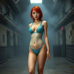A full body view of a thin Korean girl with vibrant red hair, showcasing her pierced breasts, dressed in a form-fitting teal transparent latex thong leotard that highlights her curves, complemented by high heel shoes