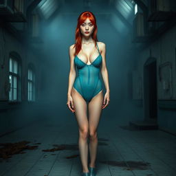 A full body view of a thin Korean girl with vibrant red hair, showcasing her pierced breasts, dressed in a form-fitting teal transparent latex thong leotard that highlights her curves, complemented by high heel shoes