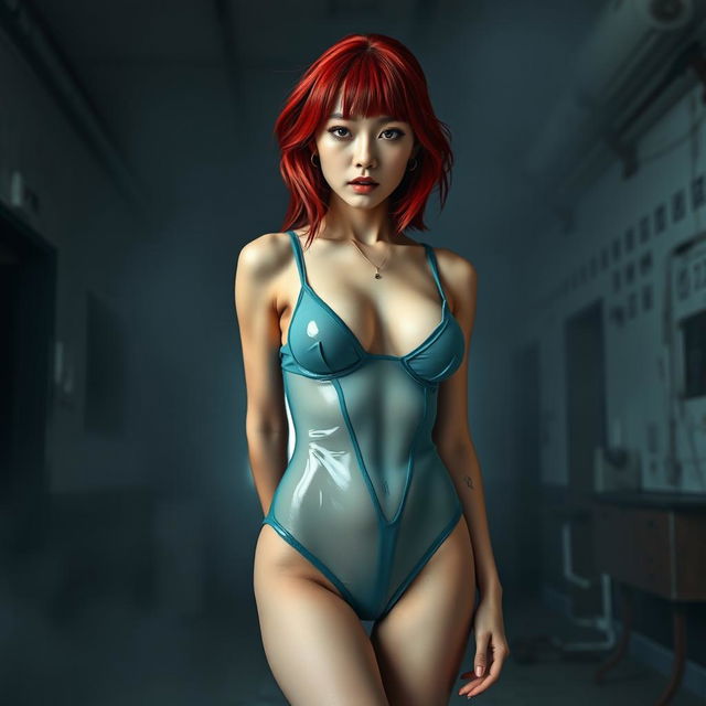 A full body view of a thin Korean girl with vibrant red hair, showcasing her pierced breasts, dressed in a form-fitting teal transparent latex thong leotard that highlights her curves, complemented by high heel shoes