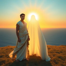 Two consort dakas, depicted as young, handsome Greek men, stand confidently in front of Mara, portrayed as a radiant being of morning light