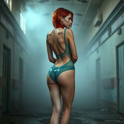 A full body rear view of a thin Russian girl with striking red hair, showcasing her pierced breasts, adorned in a tight teal transparent latex thong leotard that accentuates her silhouette, complemented by high heel shoes