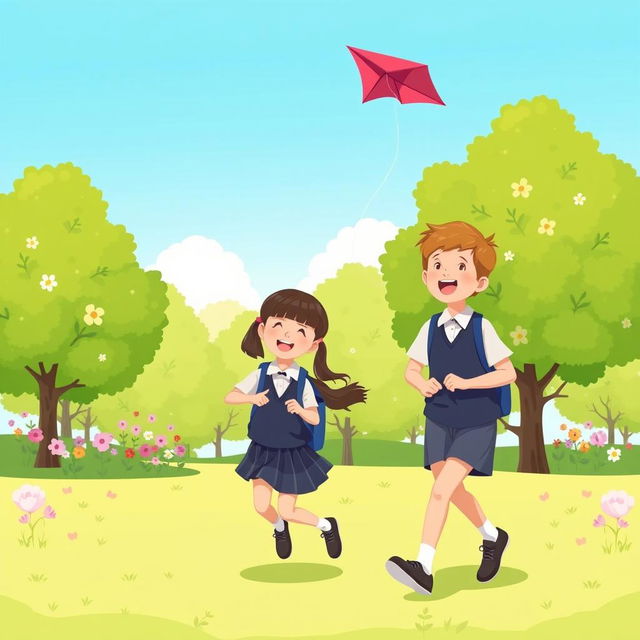 An illustration of two school children in a park, dressed in neat and modest school uniforms