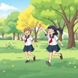 An illustration of two school children in a park, dressed in neat and modest school uniforms