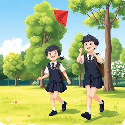 An illustration of two school children in a park, dressed in neat and modest school uniforms