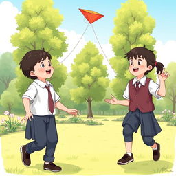 An illustration of two school children in a park, dressed in neat and modest school uniforms