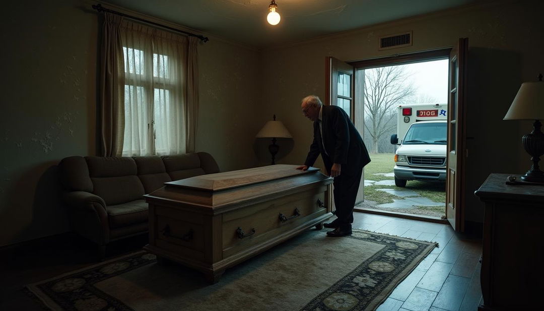 A gloomy living room with peeling wallpaper, where a simple, aged wooden coffin rests on a tattered rug