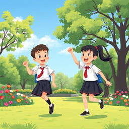 An illustration featuring two school children in a park, wearing tidy and modest school uniforms