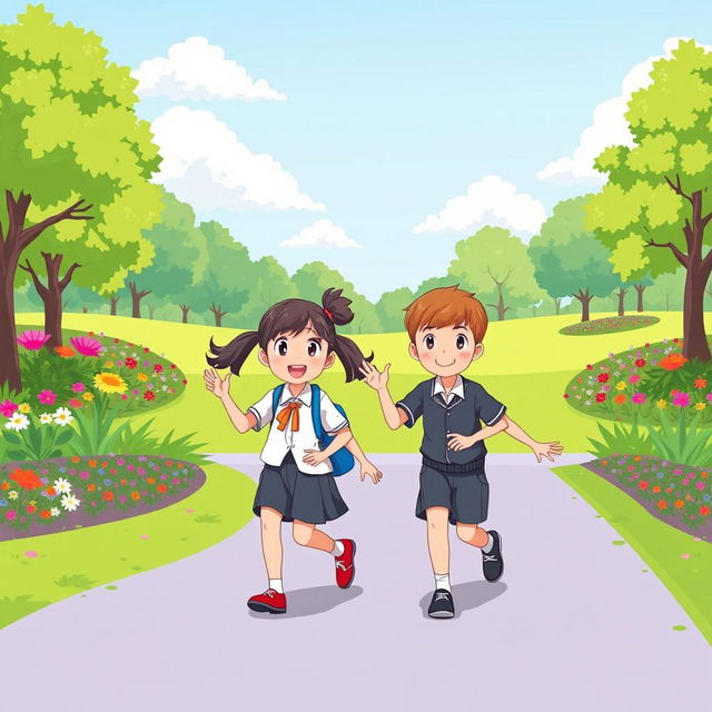 An illustration featuring two school children in a park, wearing tidy and modest school uniforms