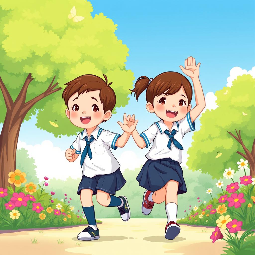 An illustration featuring two school children in a park, wearing tidy and modest school uniforms