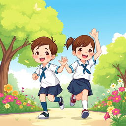 An illustration featuring two school children in a park, wearing tidy and modest school uniforms