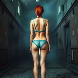 A full body rear view of a thin Russian girl with striking red hair, showcasing her pierced breasts, dressed in tight teal transparent latex thong lingerie that accentuates her figure, paired with high heel shoes