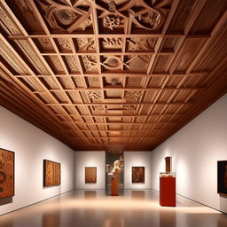 Design an exhibition area in an art museum, filled with stunning display objects and artifacts. It's crowned with a traditional wooden ceiling, showcasing intricate designs and old-world charm.