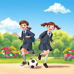 An A4-sized illustration depicting two school children in a park, wearing smart and modest school uniforms