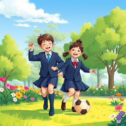 An A4-sized illustration depicting two school children in a park, wearing smart and modest school uniforms