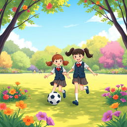 An A4-sized illustration depicting two school children in a park, wearing smart and modest school uniforms