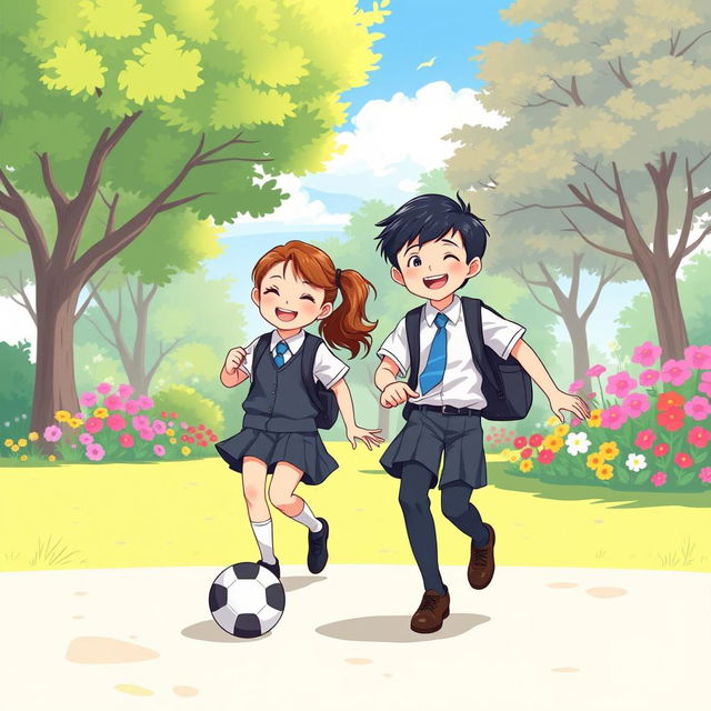 An A4-sized illustration depicting two school children in a park, wearing smart and modest school uniforms