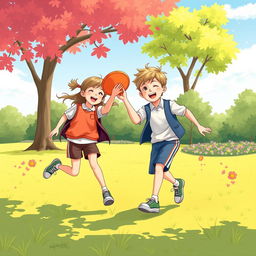 An A4-sized illustration of two children in a park, wearing smart and modest sports clothing