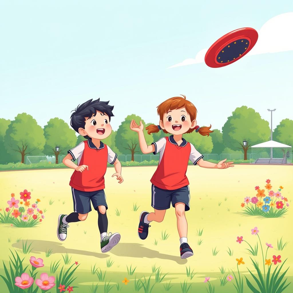 An A4-sized illustration of two children in a park, wearing smart and modest sports clothing