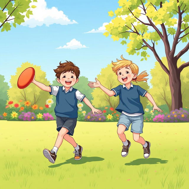 An A4-sized illustration of two children in a park, wearing smart and modest sports clothing