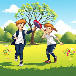 An A4-sized illustration of two children in a park, wearing smart and modest sports clothing
