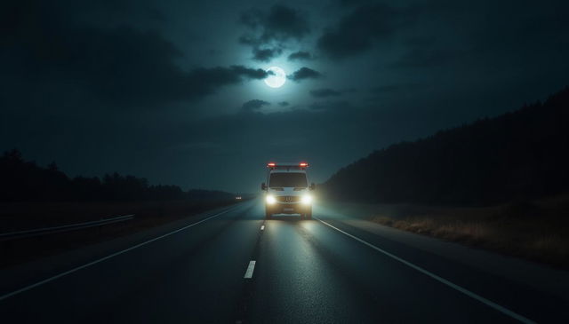 An intense night scene depicting an ambulance speeding down an empty highway